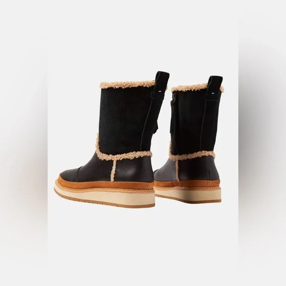 TOMS Makenna Black Leather Mid-Cath Shearling Boots Women’s 6 Style #10014172 - Picture 2 of 16